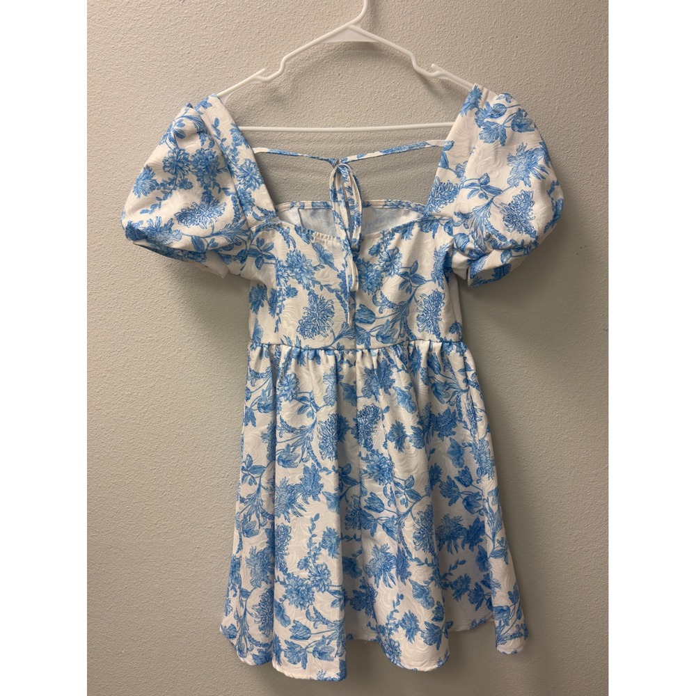 Womens‎ Floral Puff Sleeve Mini Dress S Blue White Toile Jacquard Coquette - Picture 3 of 7